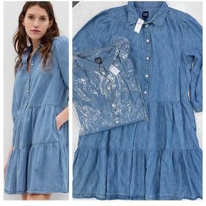 NWT Gap 100% Cotton Denim Shirtdress Button Front Tiered Skirt Cute Comfortable